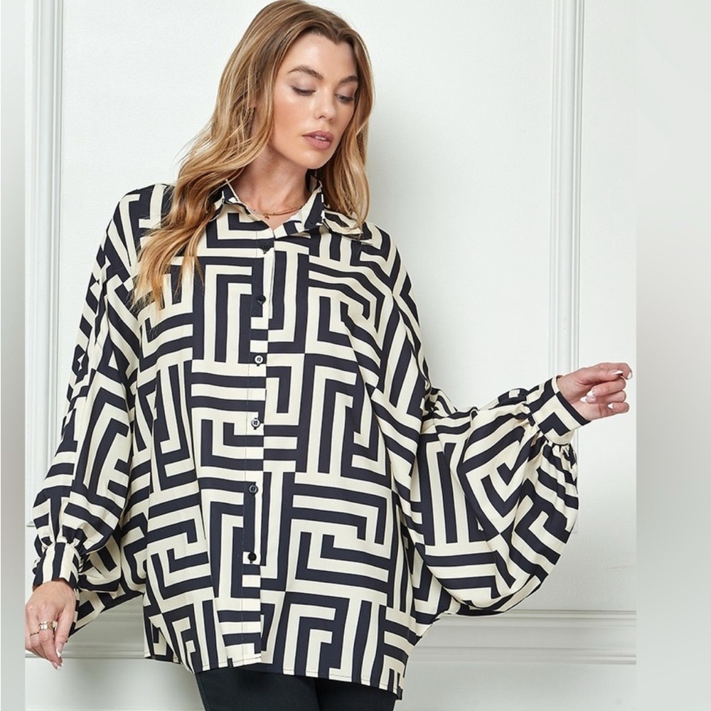 Alamia Black & Ivory Geometric Poet Long Sleeve Blouse, size Med - Picture 5 of 11